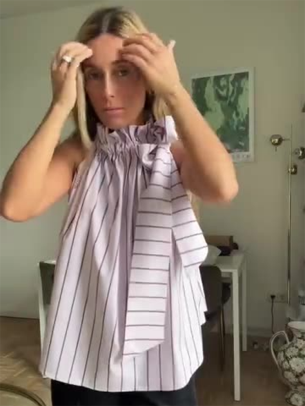 Blouse sans manches à col volanté et rayures fantaisie - Top latéral avec nœud papillon