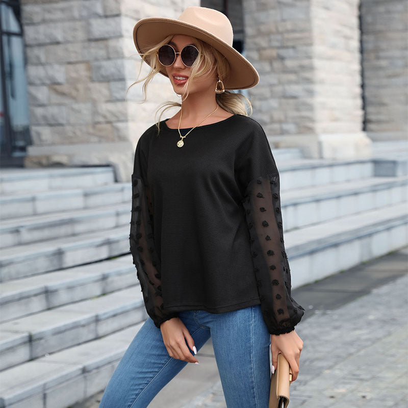 Blouses- Solid Sheer Polka Dot Patch Sleeve Blouse- - Pekosa Women Clothing