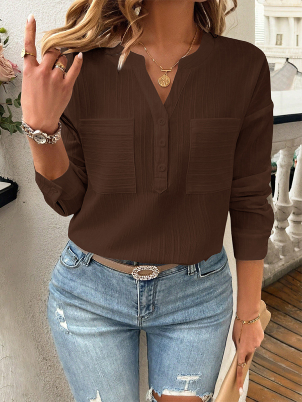 Solid Textured Henley Long Sleeve Top Shirt for Women