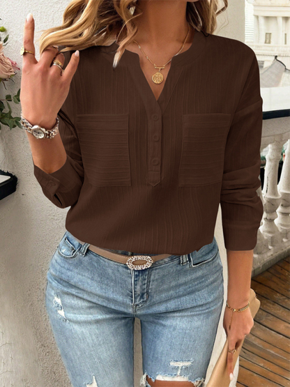 Solid Textured Henley Long Sleeve Top Shirt for Women