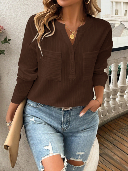 Solid Textured Henley Long Sleeve Top Shirt for Women