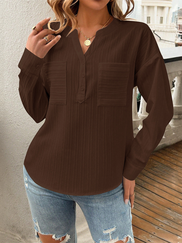 Solid Textured Henley Long Sleeve Top Shirt for Women