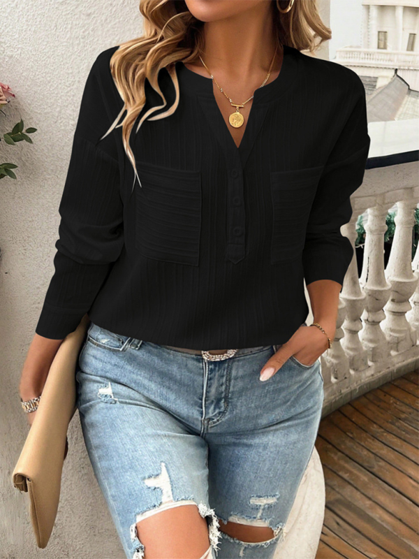 Solid Textured Henley Long Sleeve Top Shirt for Women