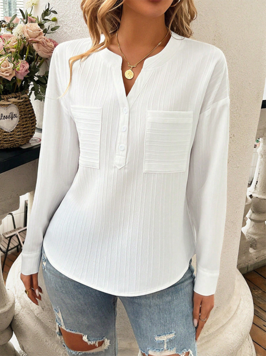 Solid Textured Henley Long Sleeve Top Shirt for Women