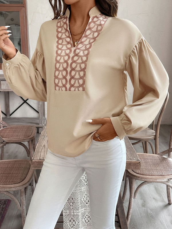 Blouses - Stand Collar Pirnt Beige Blouse for Work