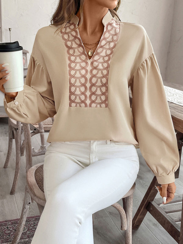 Blouses - Stand Collar Pirnt Beige Blouse for Work