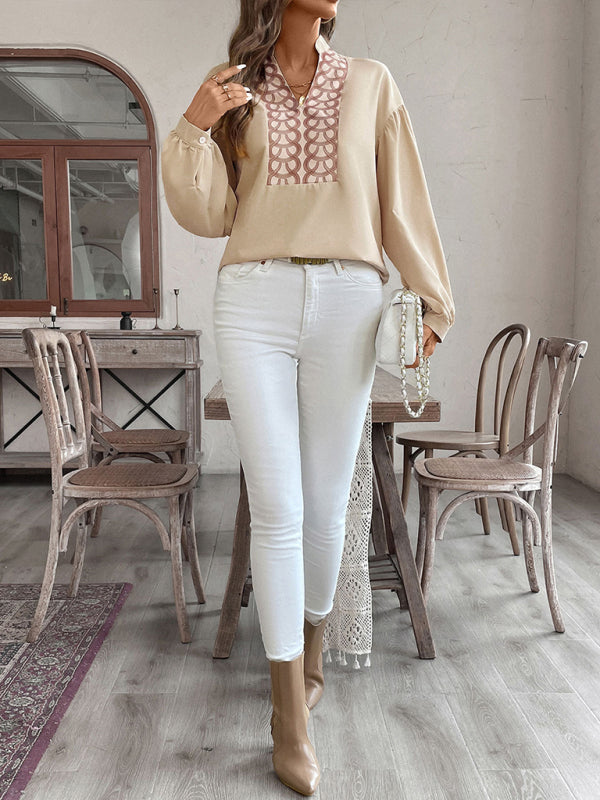 Blouses - Stand Collar Pirnt Beige Blouse for Work