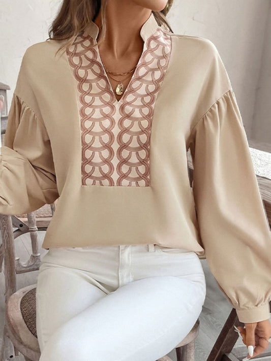 Blouses - Stand Collar Pirnt Beige Blouse for Work