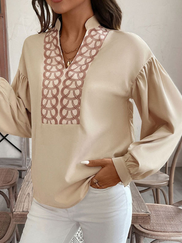 Blouses - Stand Collar Pirnt Beige Blouse for Work