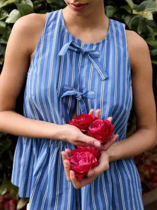 Blouses- Tie-Up Peplum Blouse with Stylish Stripe Print- Blue- Pekosa Women Fashion