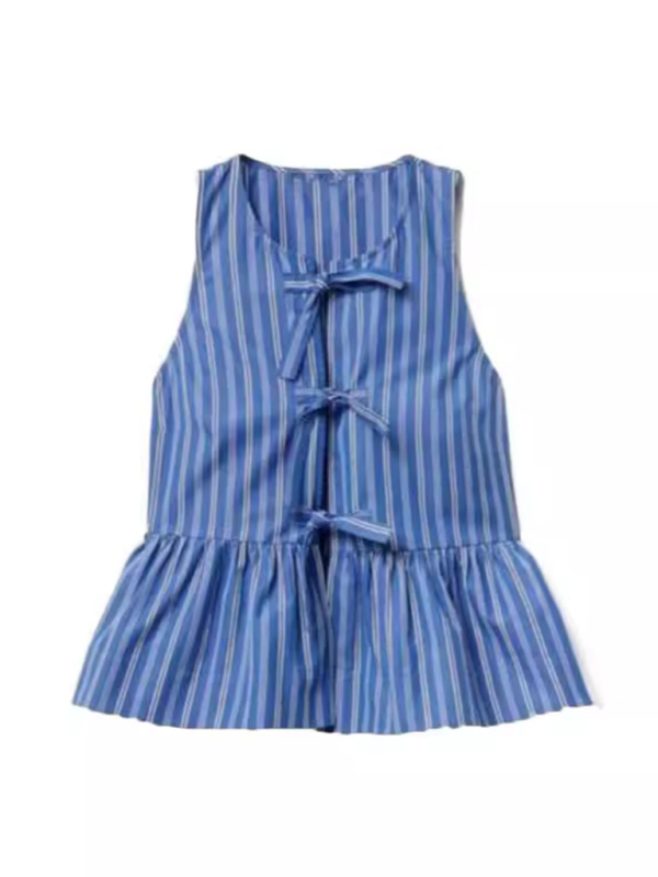 Blouses- Tie-Up Peplum Blouse with Stylish Stripe Print- - Pekosa Women Fashion