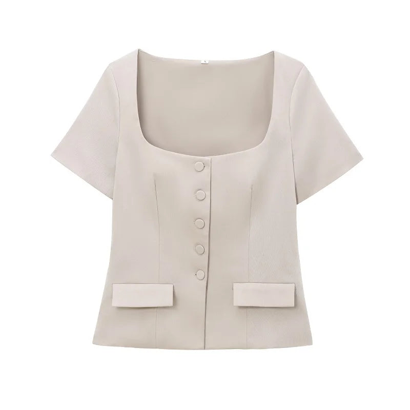 Blouses - Structured Business Blouse Short-Sleeved Top for Office