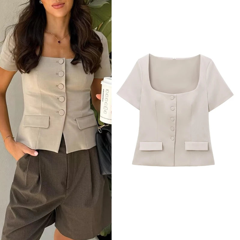 Blouses - Structured Business Blouse Short-Sleeved Top for Office