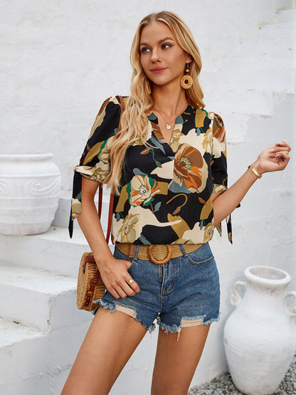 Summer Women's Tie-Up Short Sleeve Blouse with Abstract Print