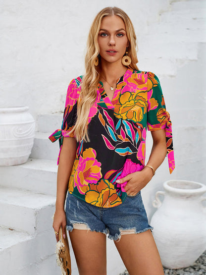 Summer Women's Tie-Up Short Sleeve Blouse with Abstract Print