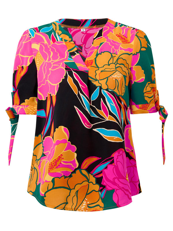 Summer Women's Tie-Up Short Sleeve Blouse with Abstract Print