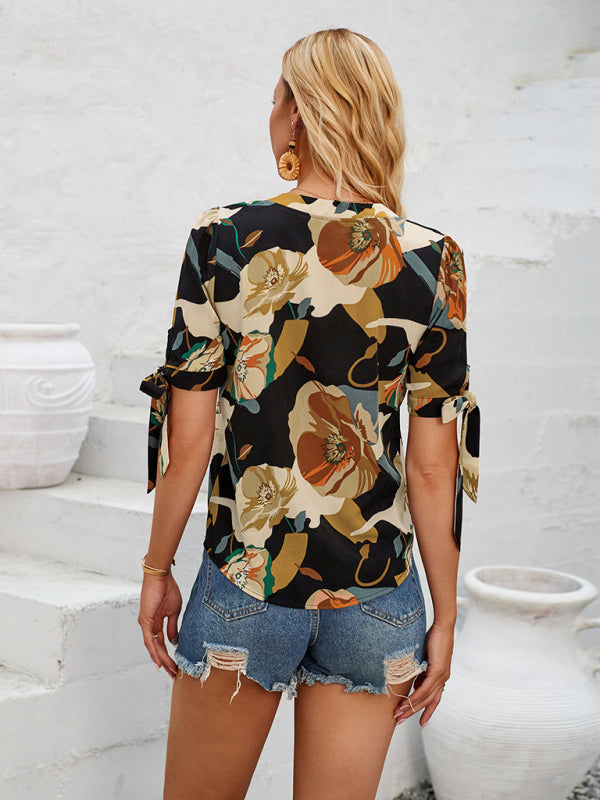 Summer Women's Tie-Up Short Sleeve Blouse with Abstract Print