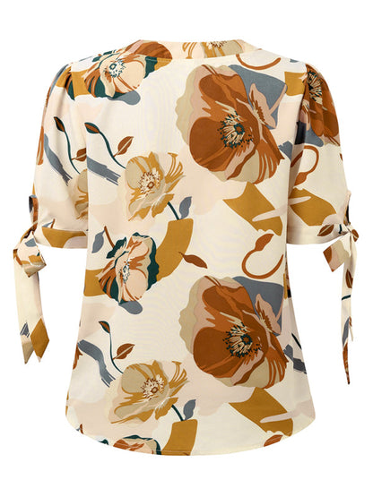 Summer Women's Tie-Up Short Sleeve Blouse with Abstract Print