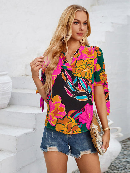 Summer Women's Tie-Up Short Sleeve Blouse with Abstract Print