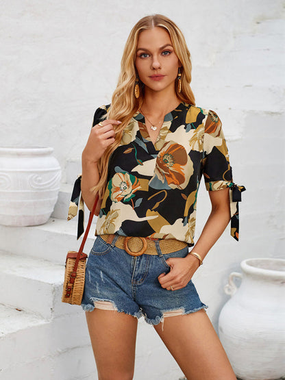 Summer Women's Tie-Up Short Sleeve Blouse with Abstract Print