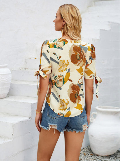 Summer Women's Tie-Up Short Sleeve Blouse with Abstract Print