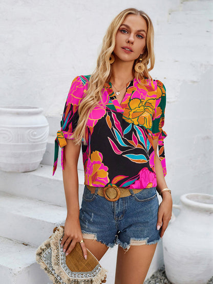 Summer Women's Tie-Up Short Sleeve Blouse with Abstract Print