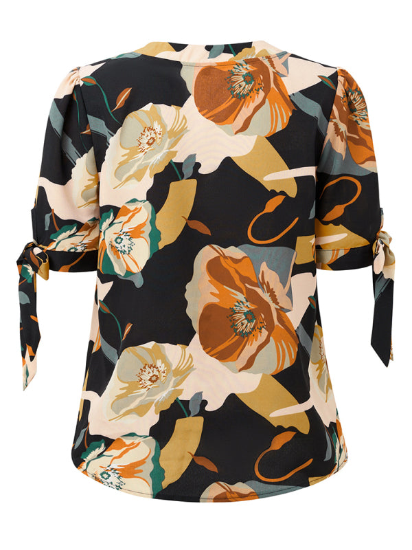 Summer Women's Tie-Up Short Sleeve Blouse with Abstract Print