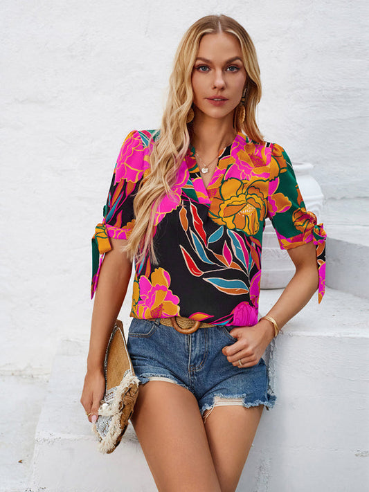 Summer Women's Tie-Up Short Sleeve Blouse with Abstract Print