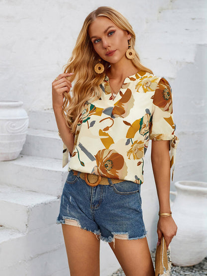 Summer Women's Tie-Up Short Sleeve Blouse with Abstract Print