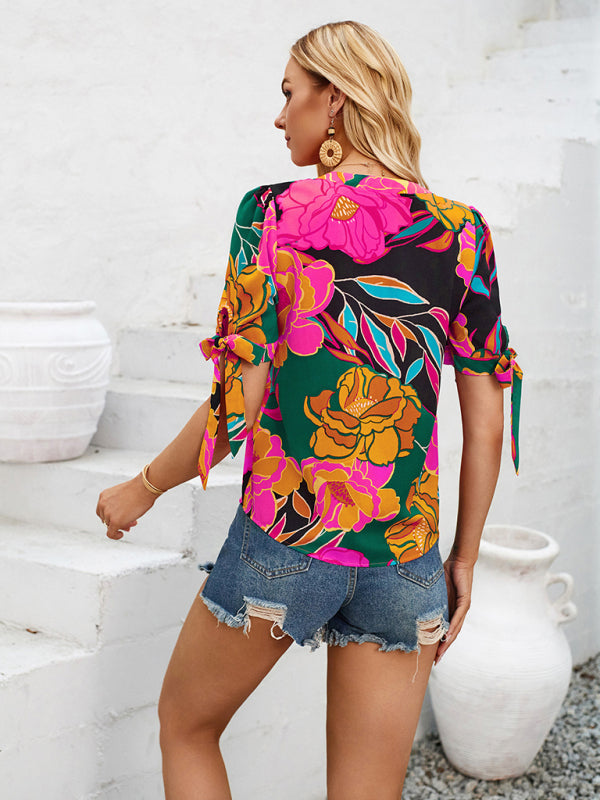 Summer Women's Tie-Up Short Sleeve Blouse with Abstract Print