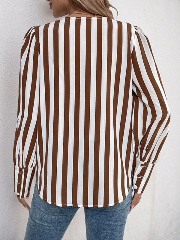 Blouses - Tailored Stripe Blouse Brown & White Top for Women