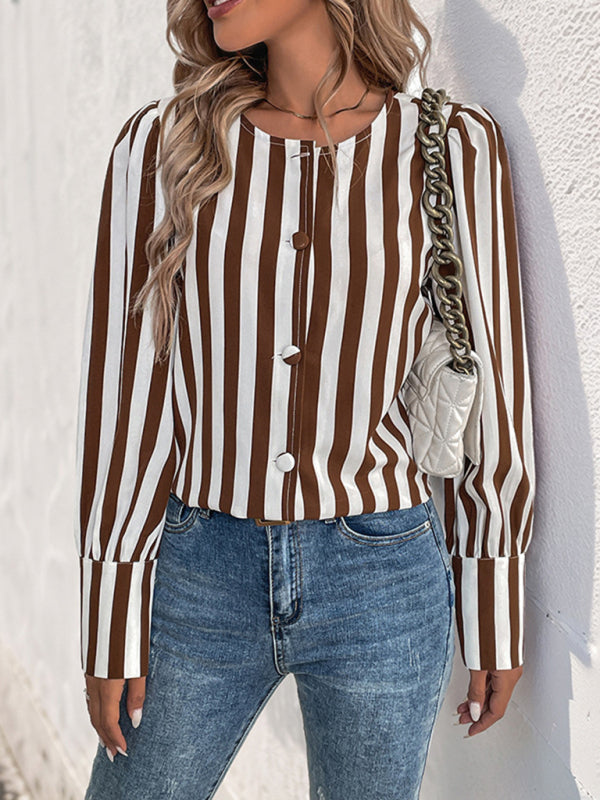 Blouses - Tailored Stripe Blouse Brown & White Top for Women