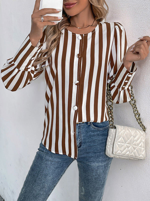 Blouses - Tailored Stripe Blouse Brown & White Top for Women