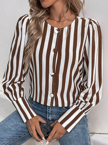 Blouses - Tailored Stripe Blouse Brown & White Top for Women