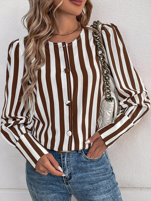 Blouses - Tailored Stripe Blouse Brown & White Top for Women