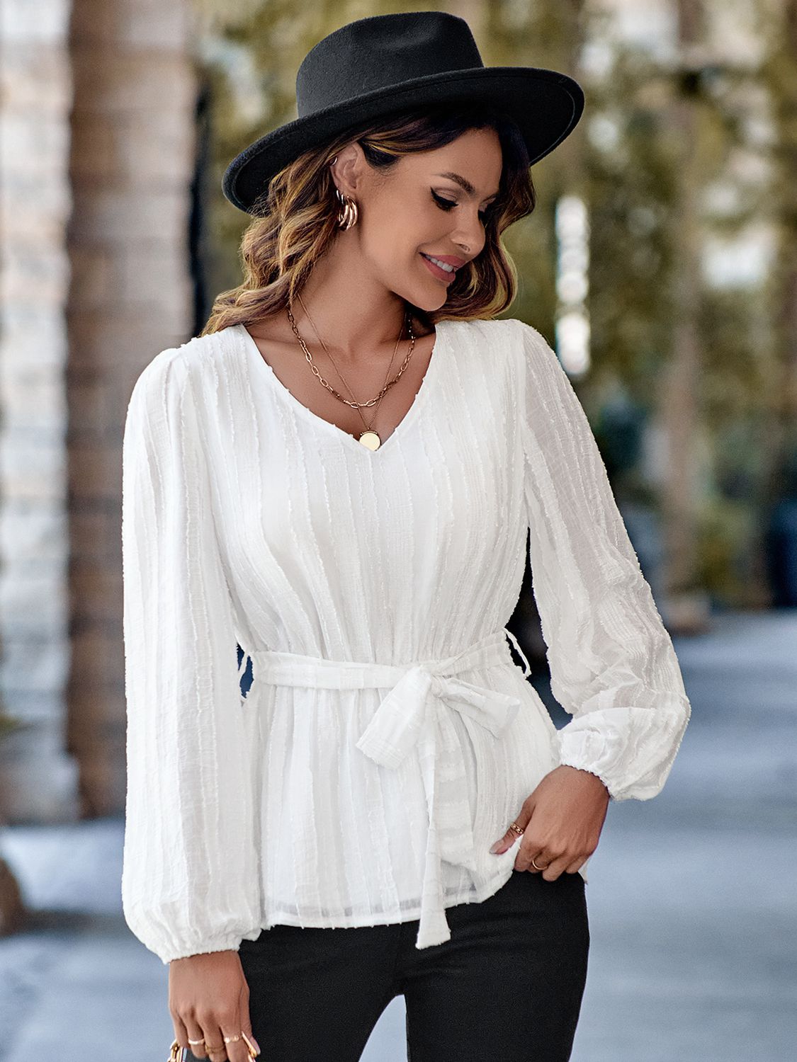 Blouses- Textured Long Sleeve Belted Blouse- - Pekosa Women Clothing