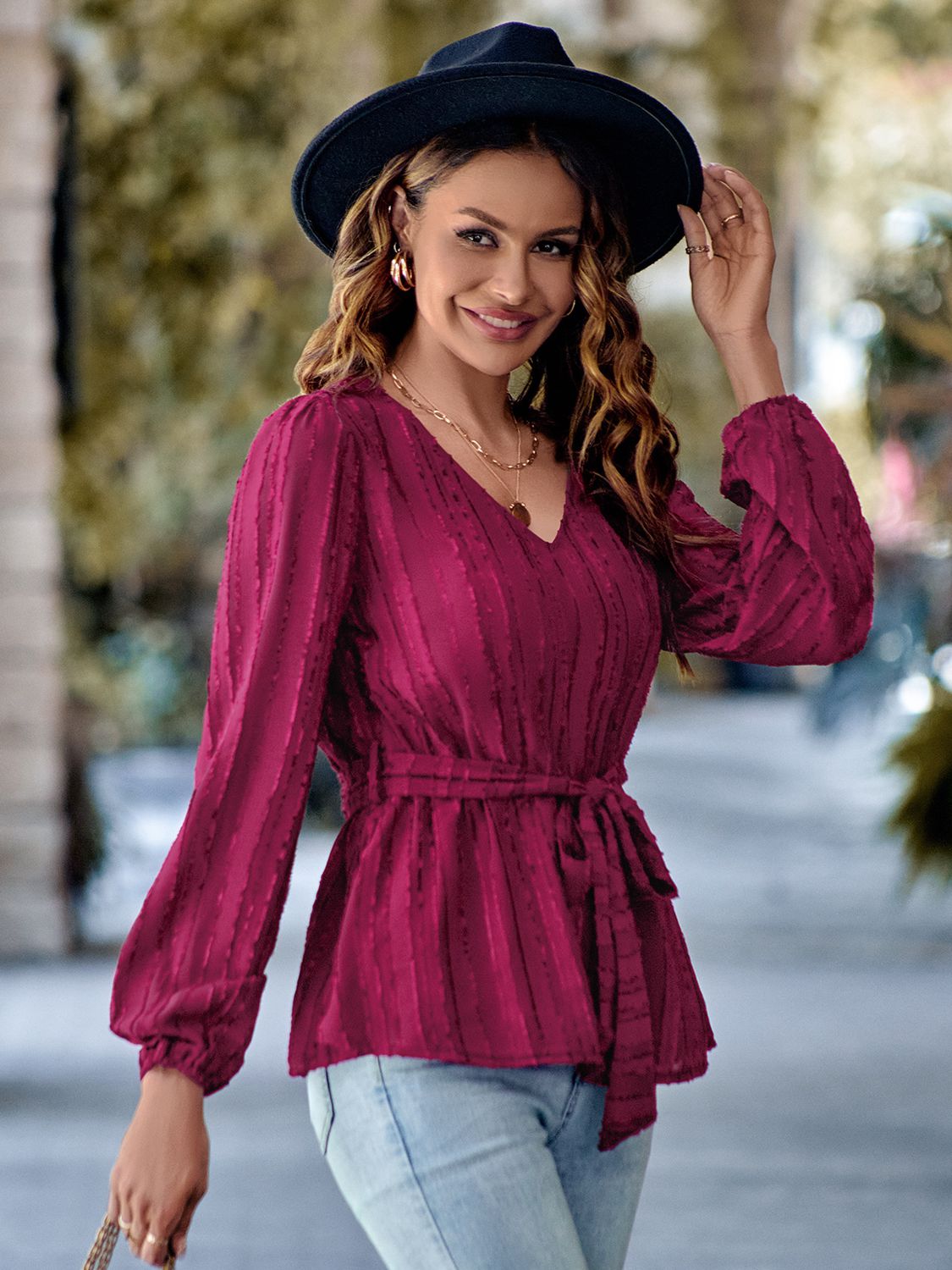 Blouses- Textured Long Sleeve Belted Blouse- - Pekosa Women Clothing