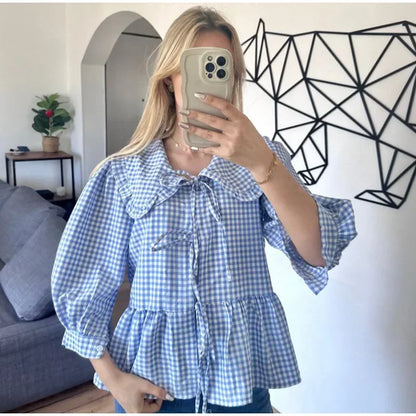 Blouses- Lantern Sleeve Tie-Up Doll Collar Blouse for Festival Style- Blue Lattice- Pekosa Women Fashion