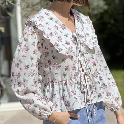 Blouses- Lantern Sleeve Tie-Up Doll Collar Blouse for Festival Style- White Floral- Pekosa Women Fashion