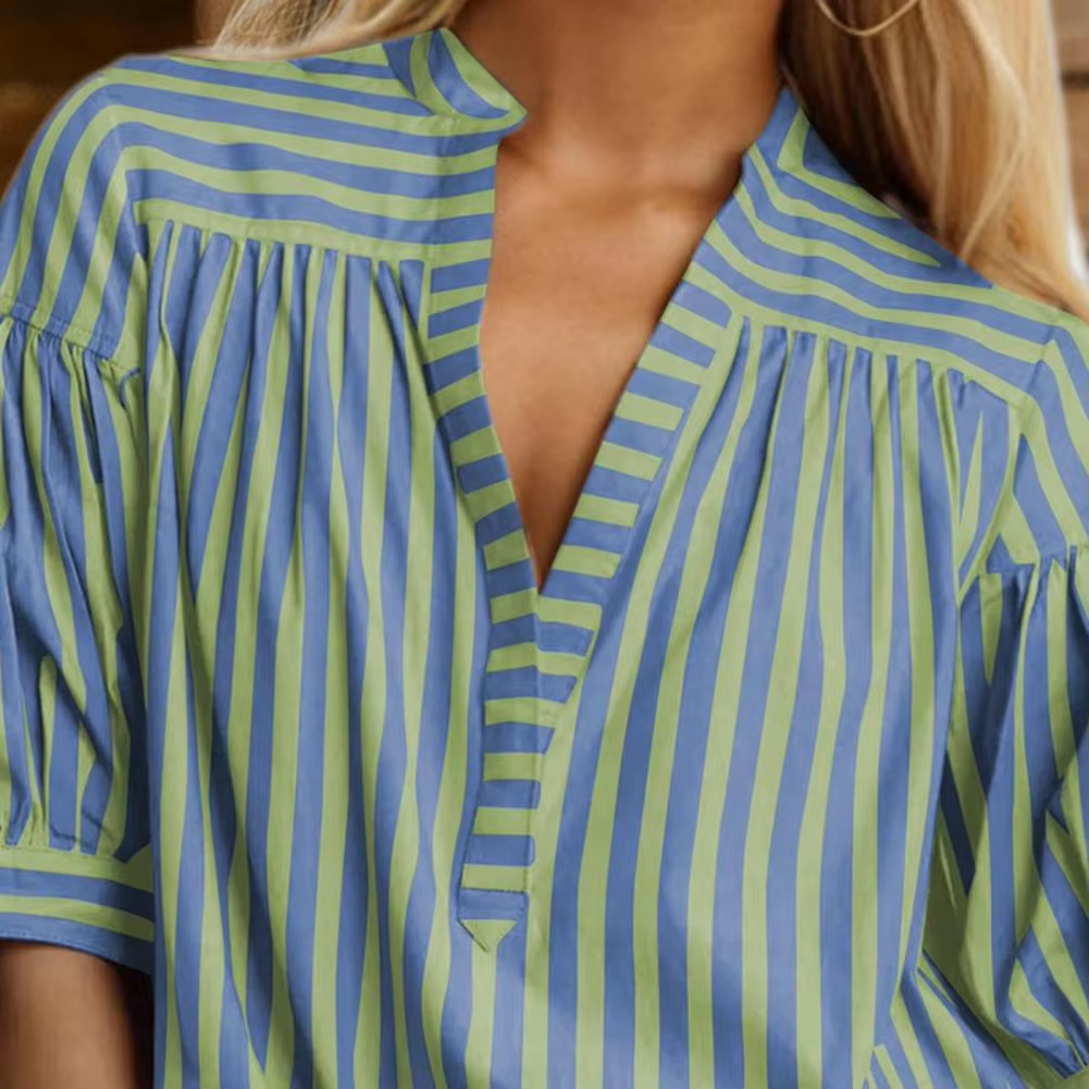 Blouses - Two Tone Striped Print Lantern Sleeve V-neck Blouse