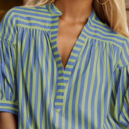 Blouses - Two Tone Striped Print Lantern Sleeve V-neck Blouse