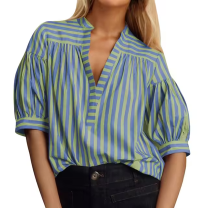 Blouses - Two Tone Striped Print Lantern Sleeve V-neck Blouse