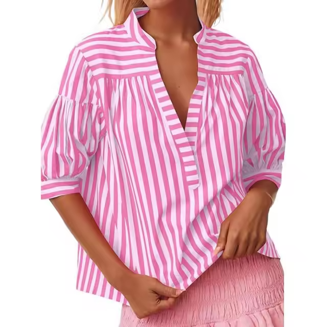 Blouses - Two Tone Striped Print Lantern Sleeve V-neck Blouse