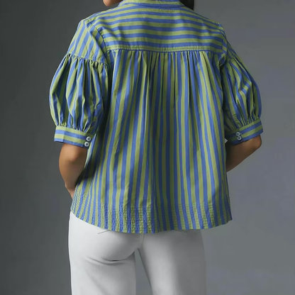 Blouses - Two Tone Striped Print Lantern Sleeve V-neck Blouse