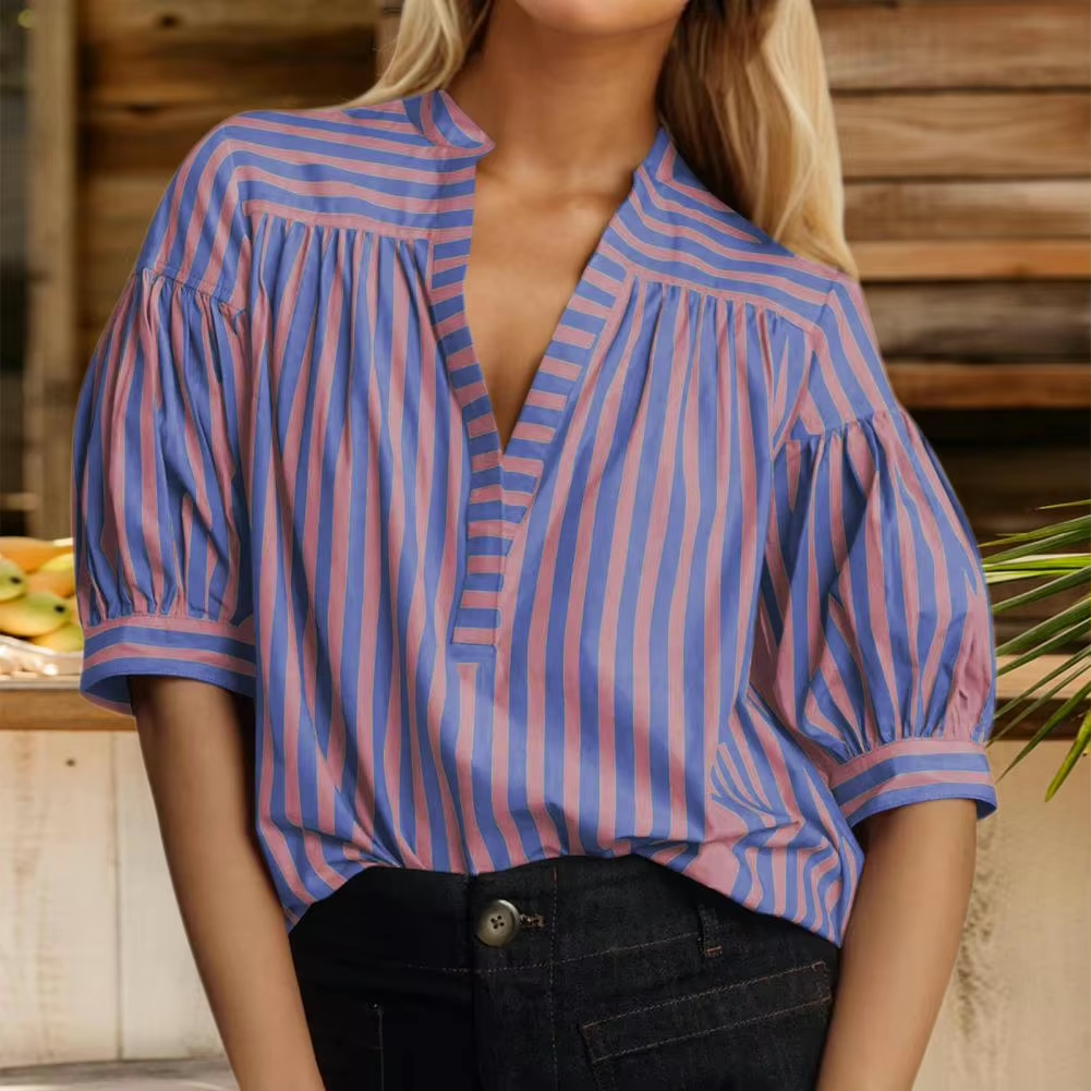 Blouses - Two Tone Striped Print Lantern Sleeve V-neck Blouse