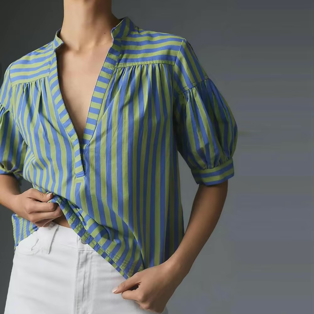 Blouses - Two Tone Striped Print Lantern Sleeve V-neck Blouse