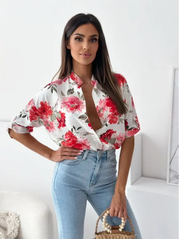 Blouses - Vibrant Floral Print Casual Blouse