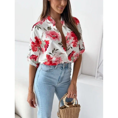 Blouses - Vibrant Floral Print Casual Blouse