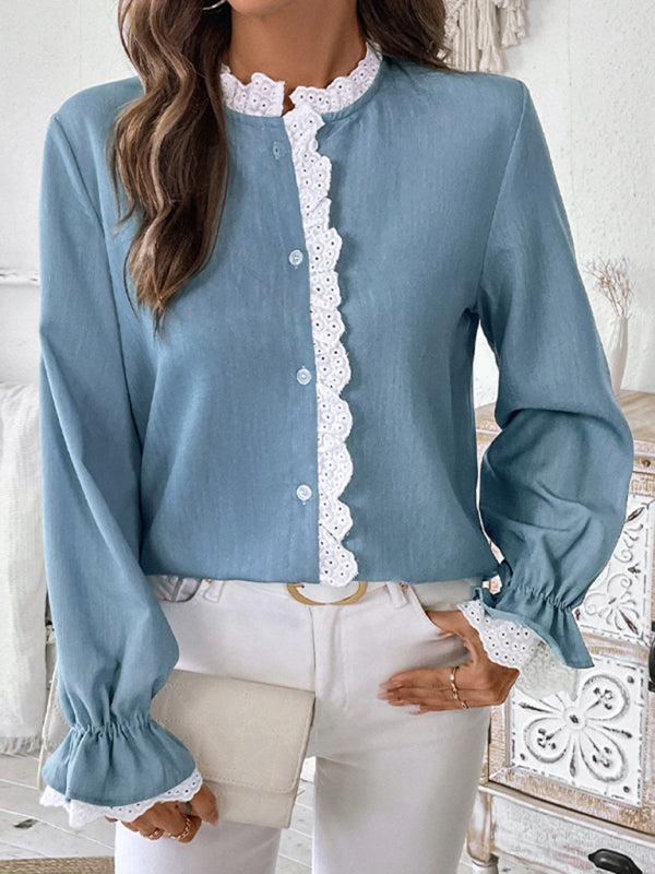 Blouses - Vintage Lace-Trimmed Long Sleeve Blouse