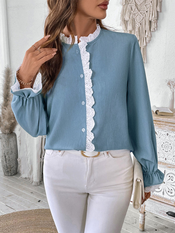 Blouses - Vintage Lace-Trimmed Long Sleeve Blouse